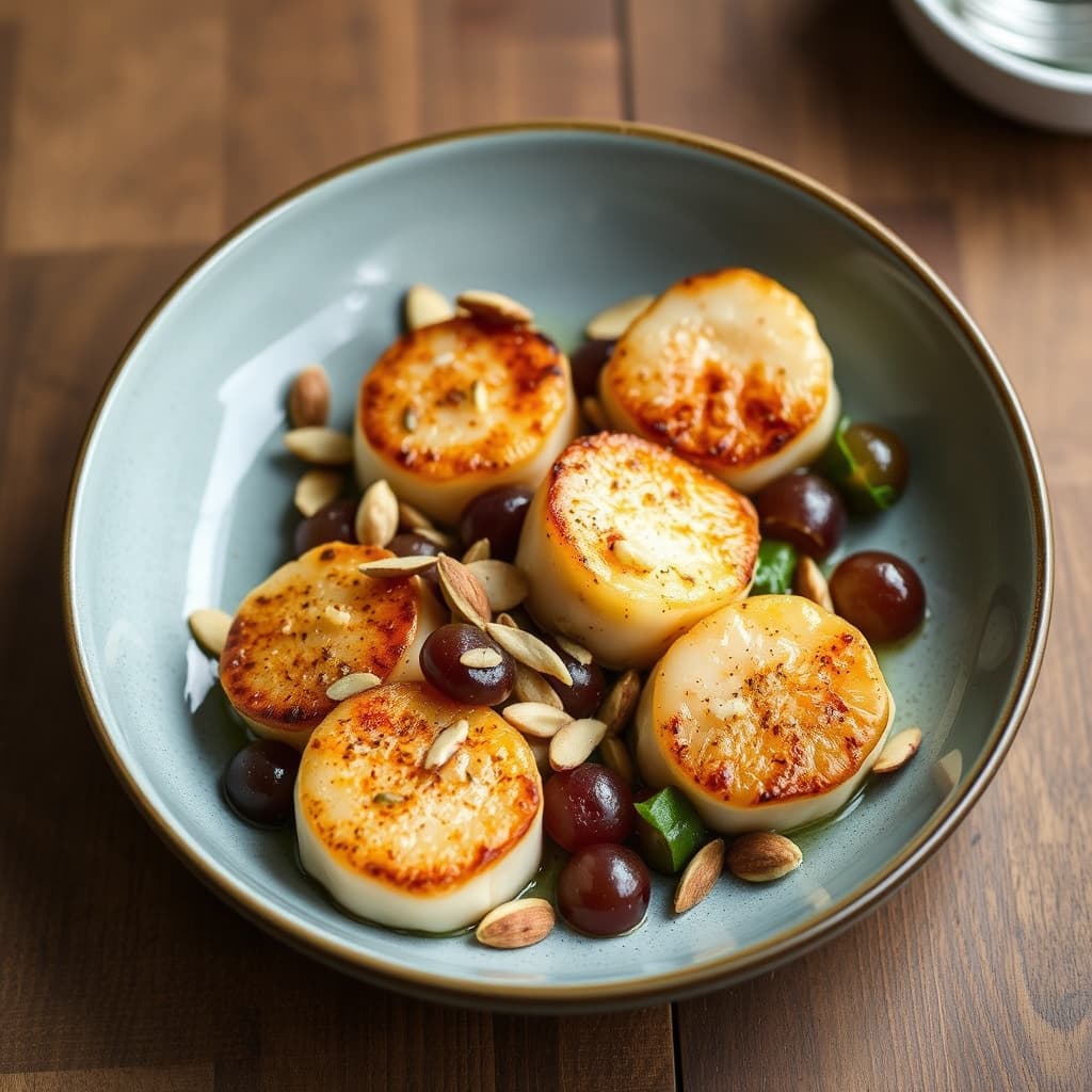 Stekte kamskjell med champagne-druer og mandler