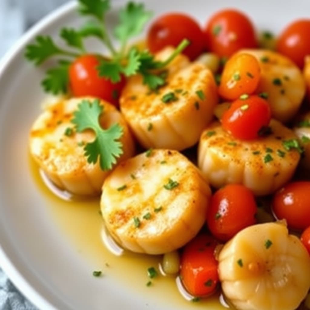 Stekte kamskjell med cherrytomater, vårløk og persille