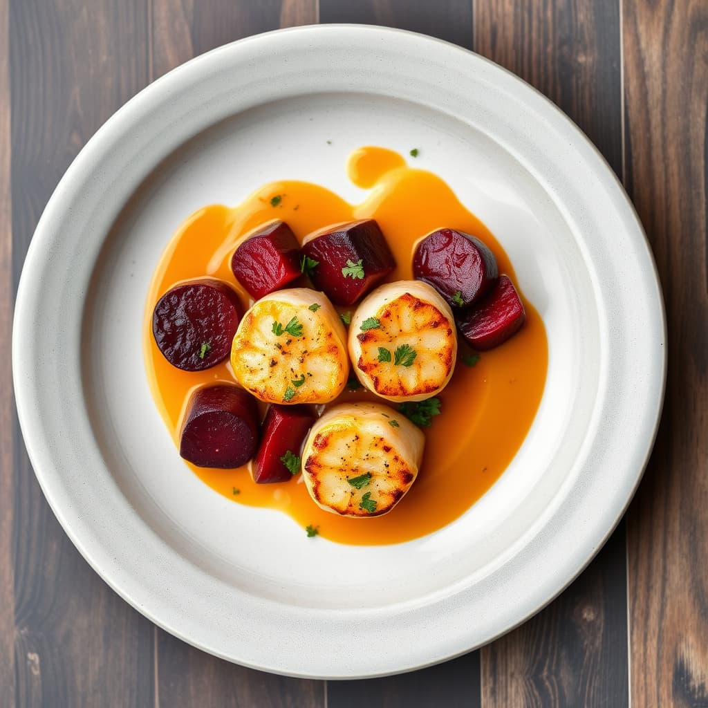 Stekte kamskjell med clementinsaus og ristet rødbeter