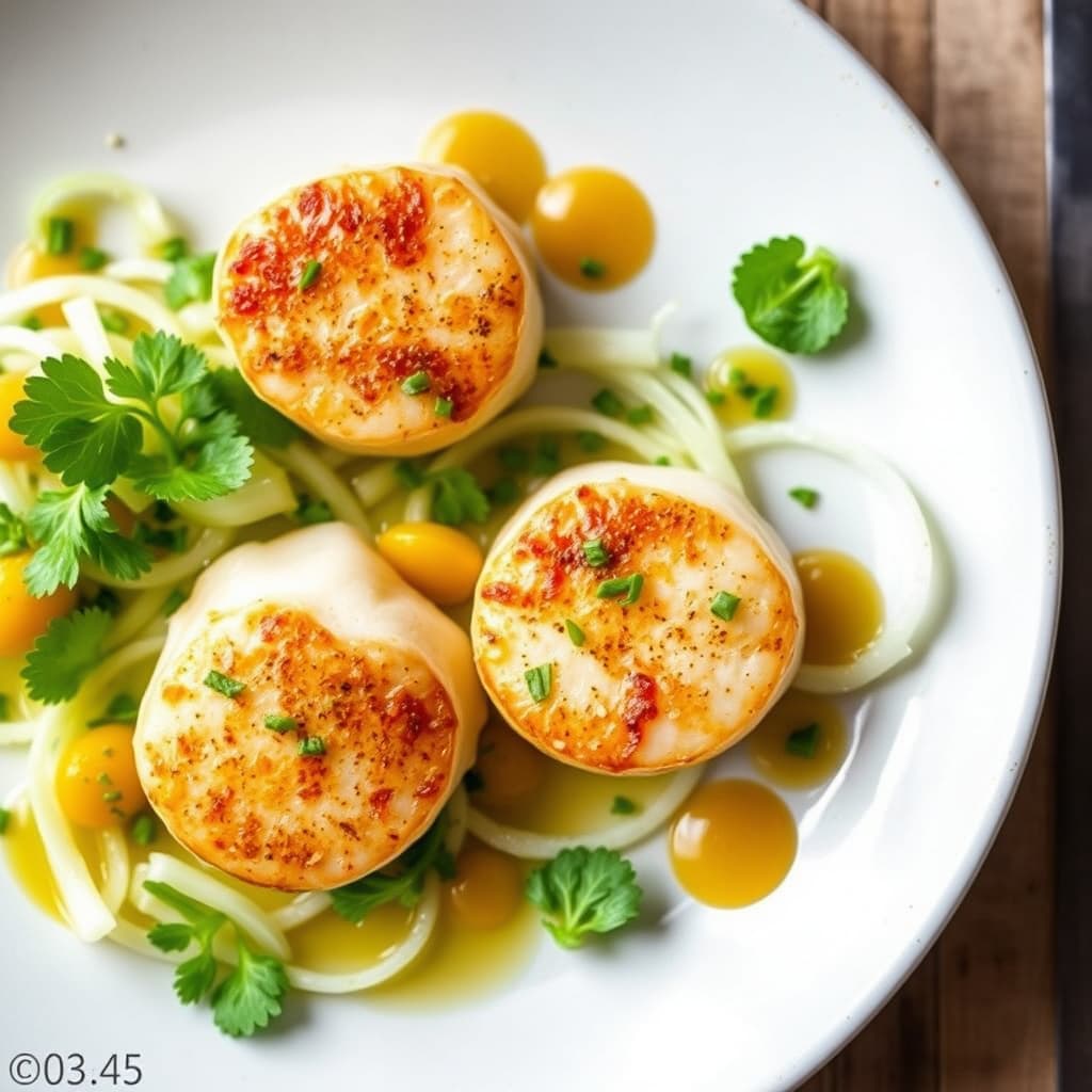 Stekte kamskjell med fersk fennikelsalat og kumquat-tarragonvinaigrette