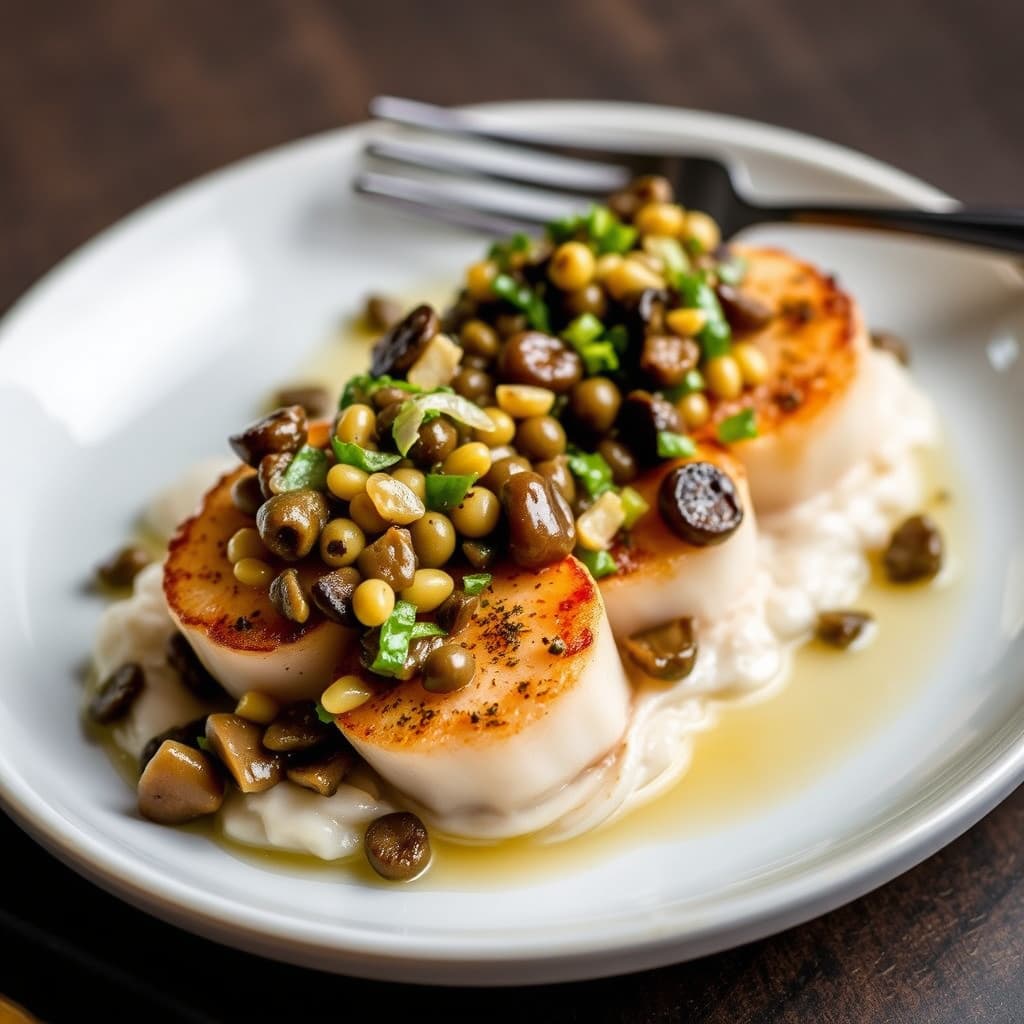 Stekte kamskjell med kapers-, shiitake- og vårløkrelish