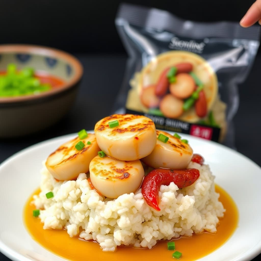 Stekte kamskjell med varm hvitløksolje og kinesisk pølse – sticky rice-pakke