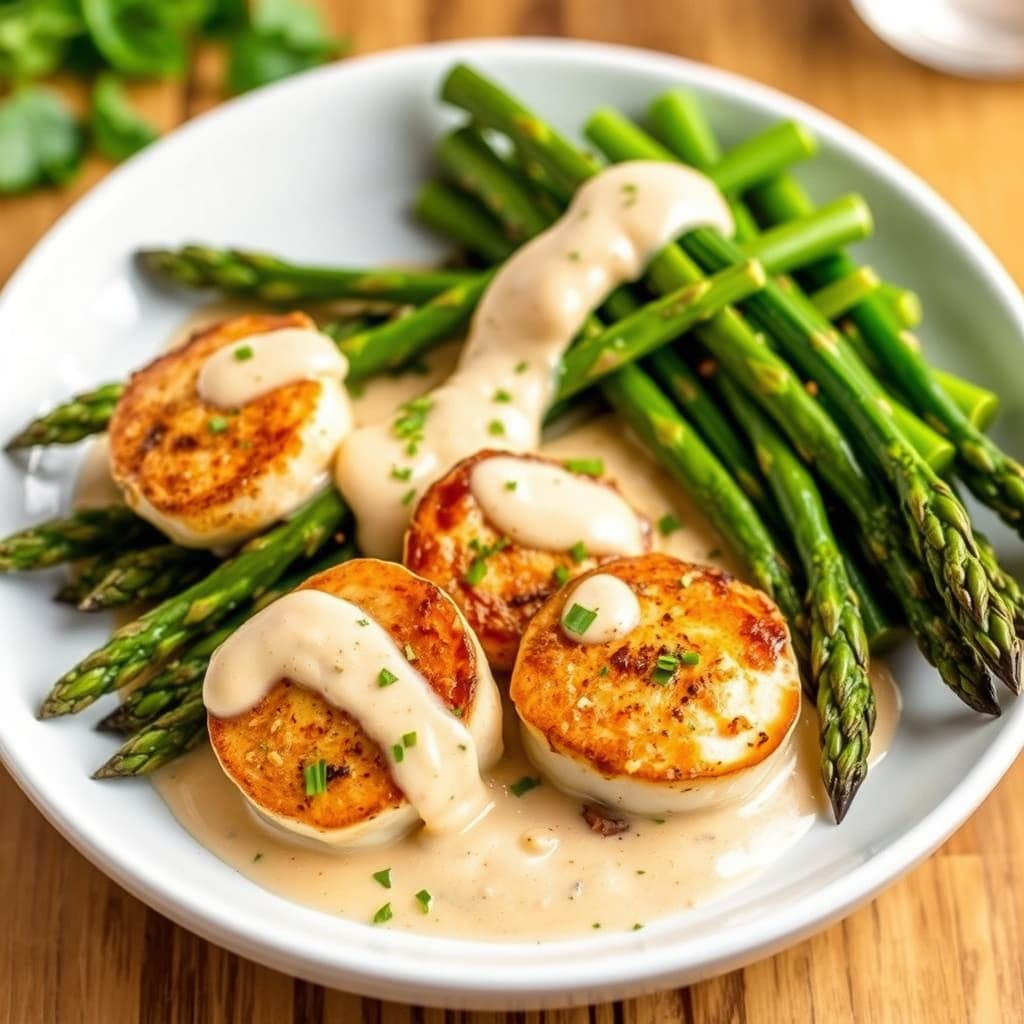 Stekte kamskjell og asparges med asiatisk kremsaus