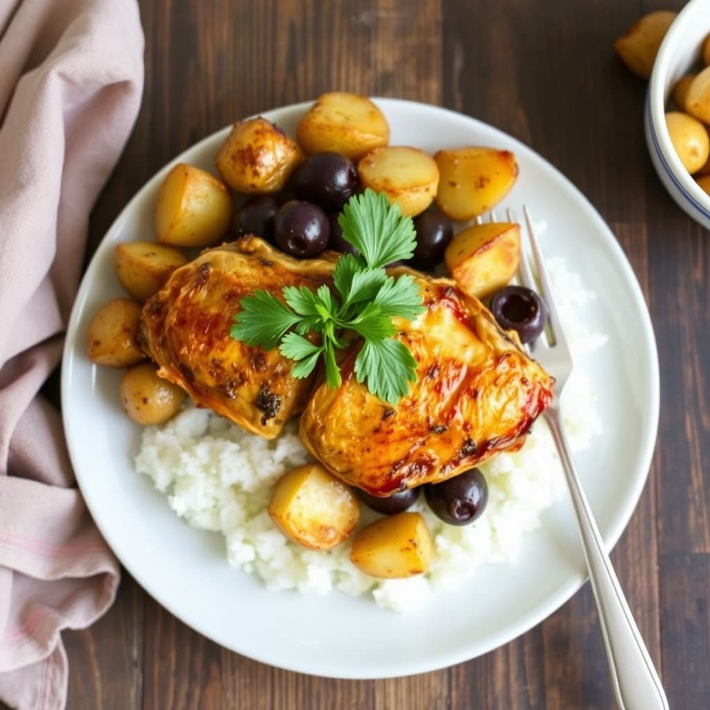 Stekte kyllinglår med chili og sitrus, servert med blandede oliven og poteter