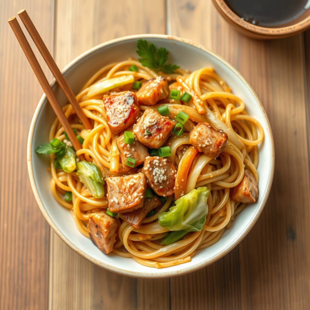 Stekte nudler med svinekjøtt, kål og ingefær (Yakisoba)