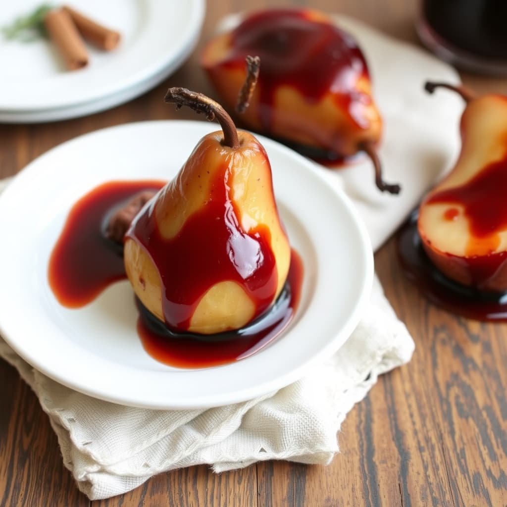 Stekte pærer i rødvin og kanelglasur