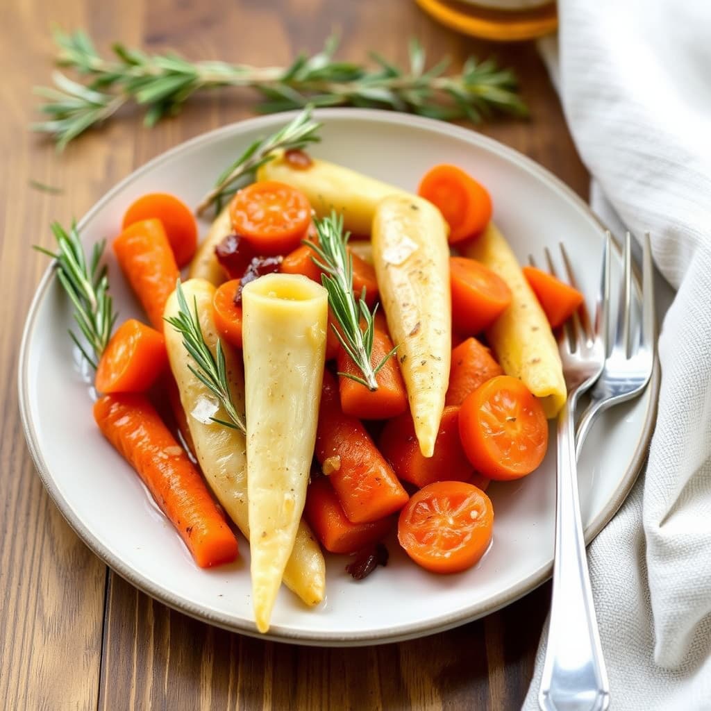 Stekte pastinakker og gulrøtter med honning og rosmarin
