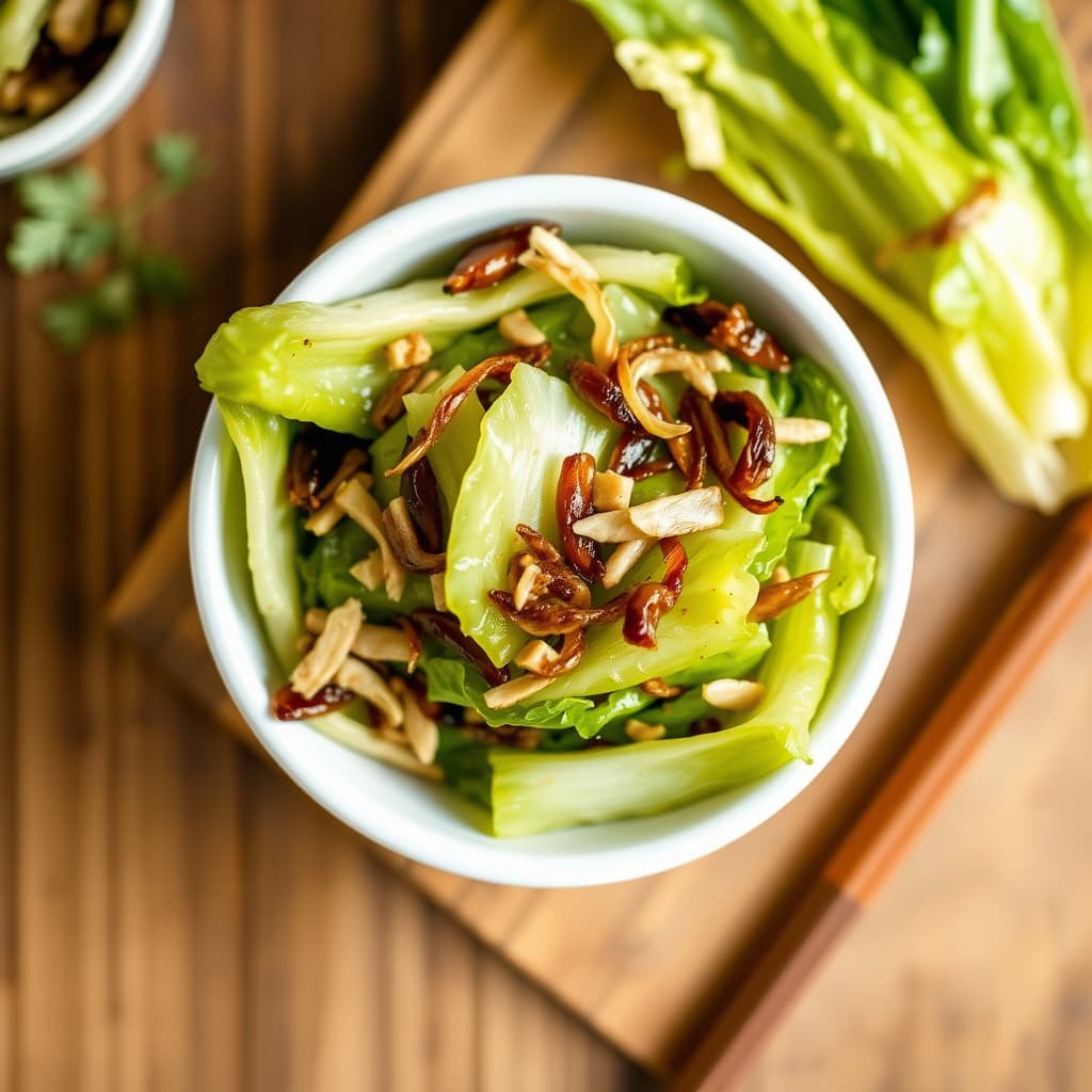 Stekte salatblader med sprøe sjalottløk