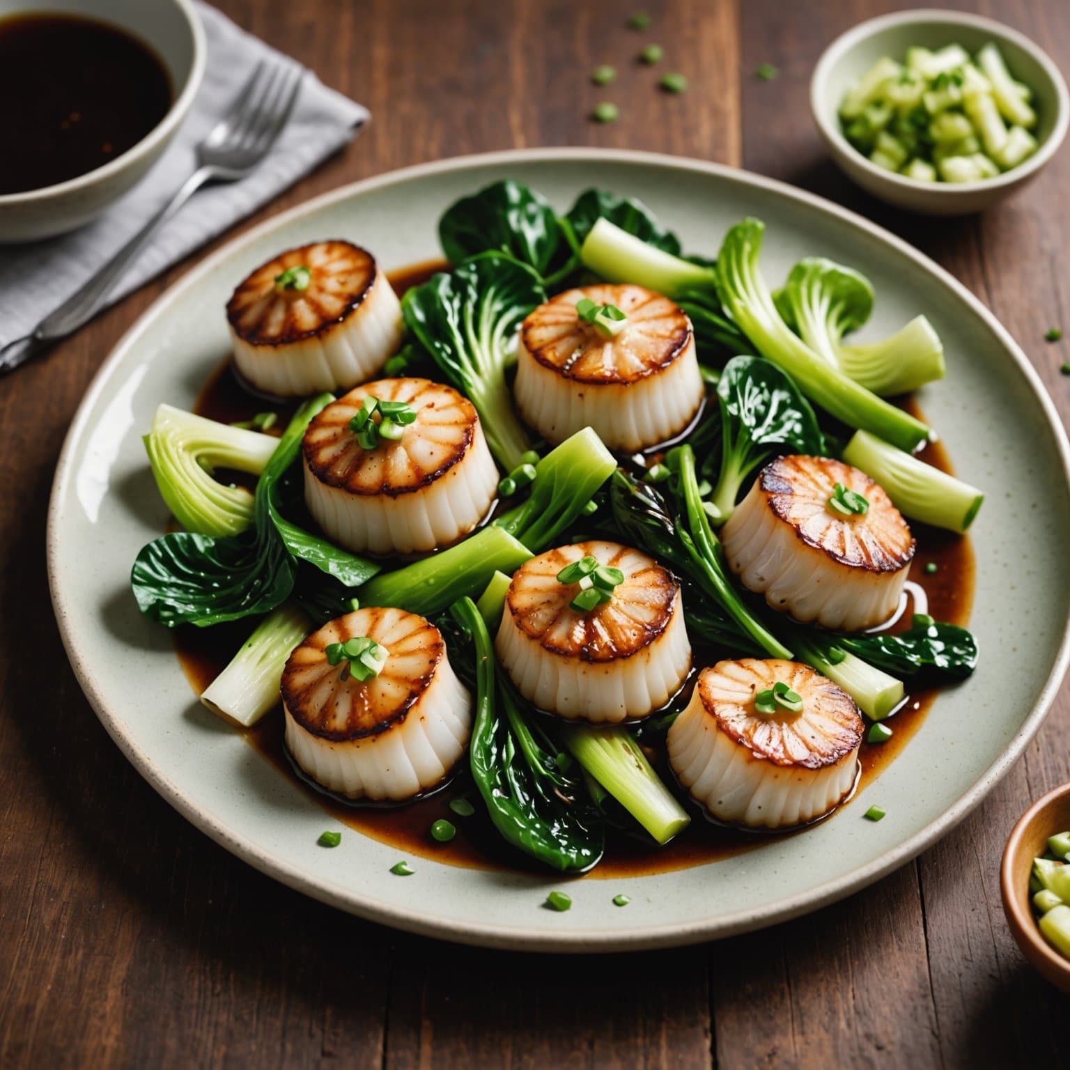 Stekte scampi med koriander, servert med bok choy og hoisinsaus