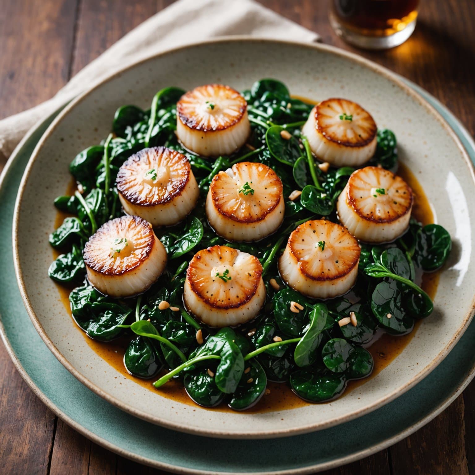 Stekte sjøkreps på sautert spinat med hoisinsmørsaus