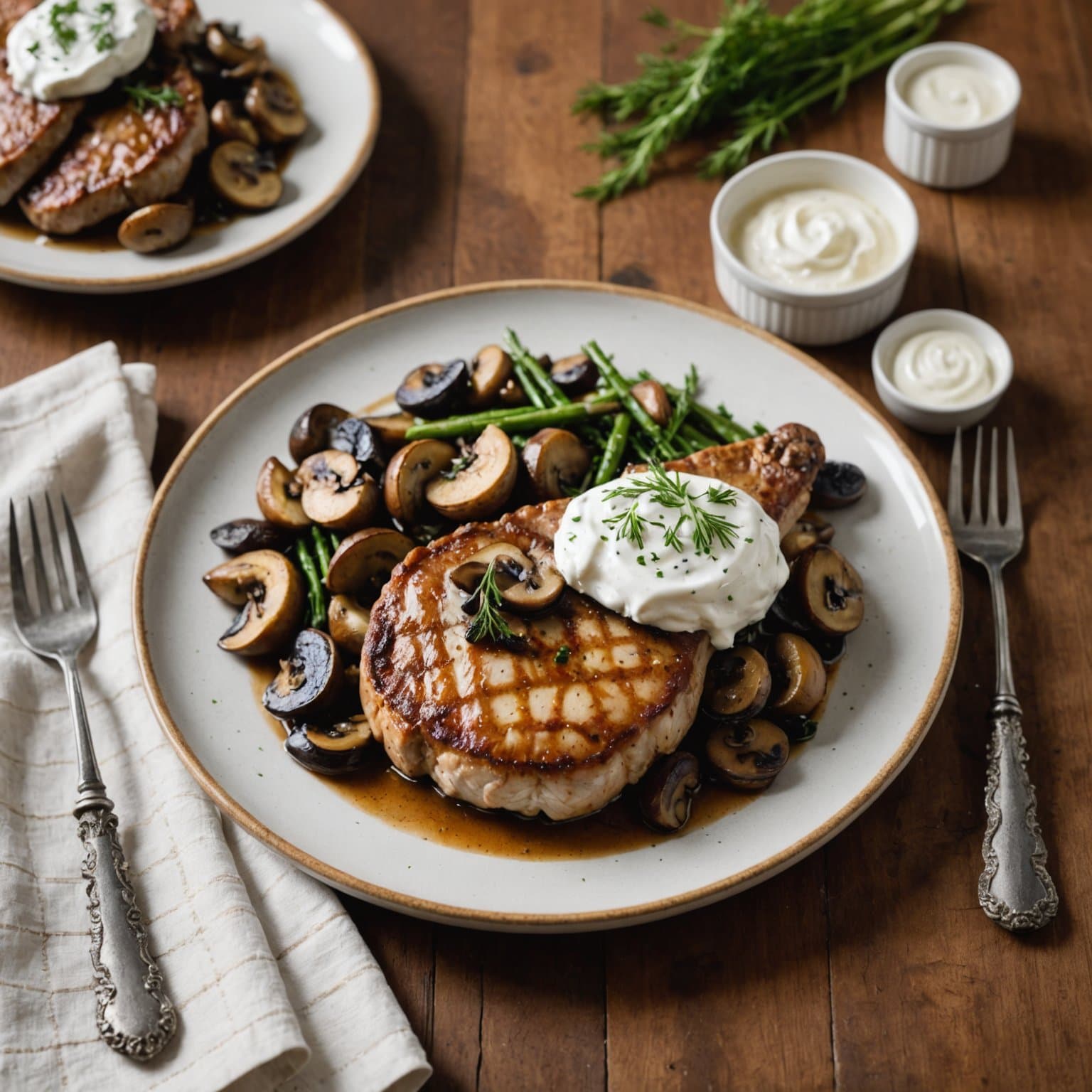 Stekte svinekoteletter med sopp, dill og rømme