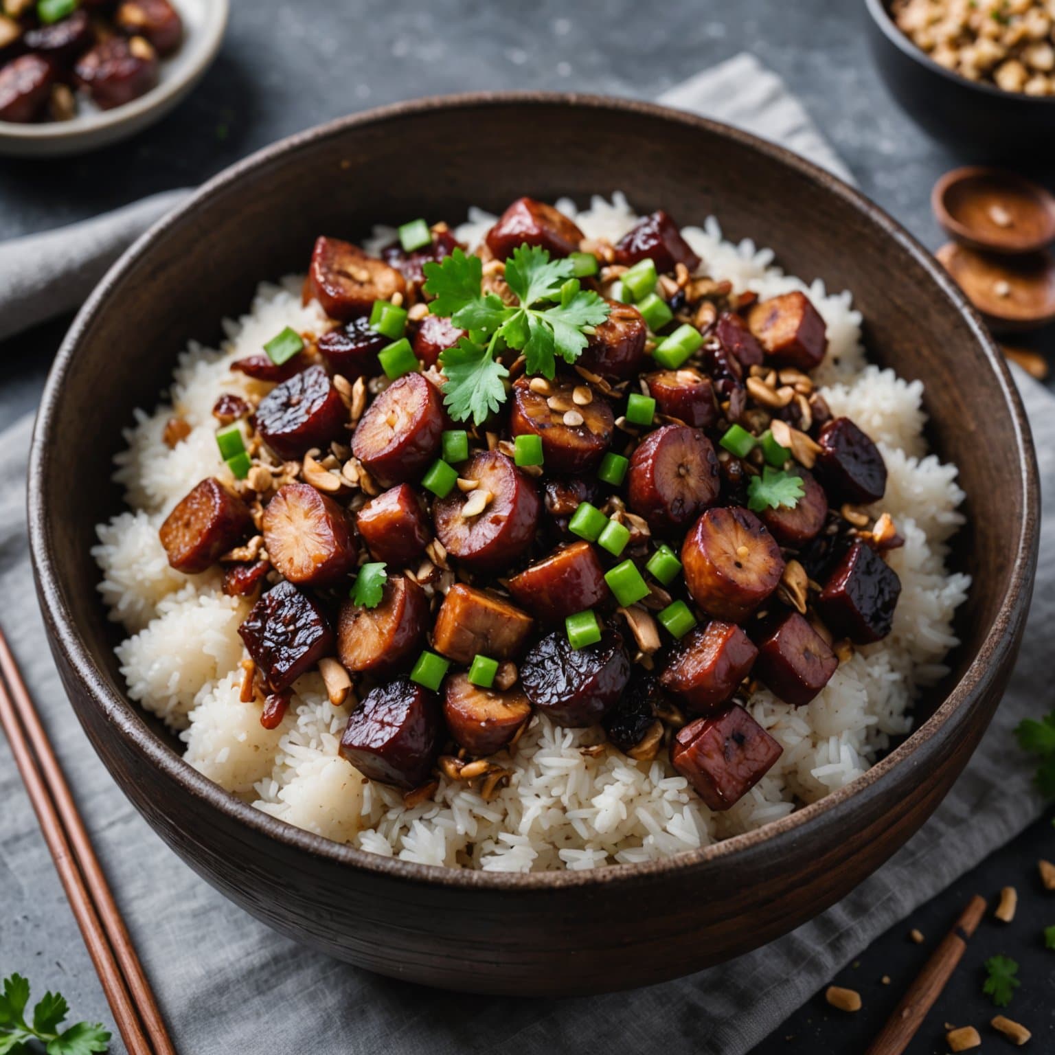 Sticky rice-fyll med kinesisk pølse og shiitakesopp