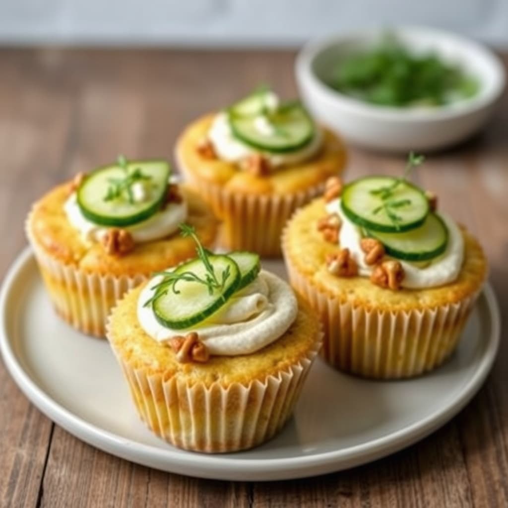 Stilton-ost, pære og ristet valnøttcupcakes med kremost, agurk og dill-topping