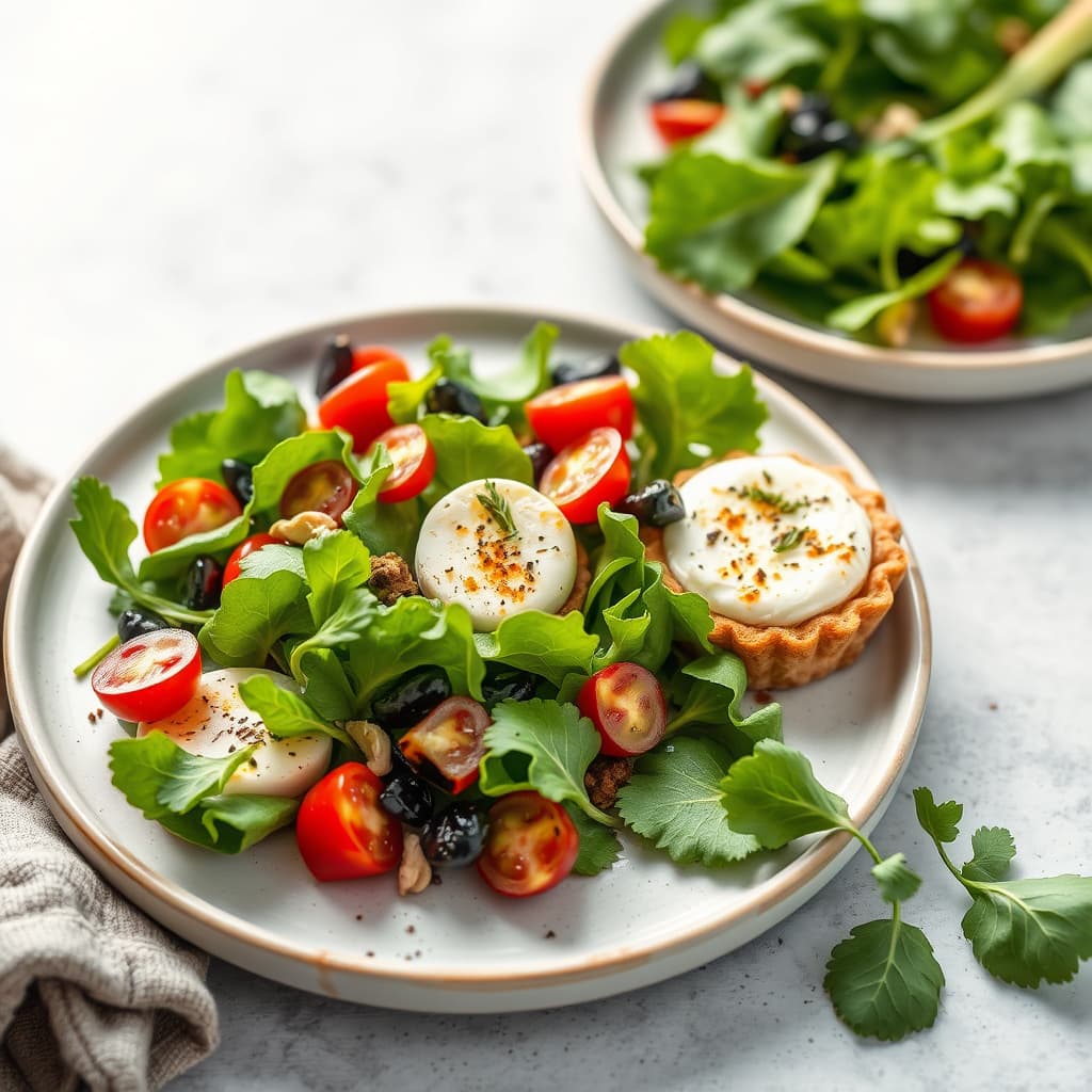 Stor grønn salat med store blader og geitosttartetter