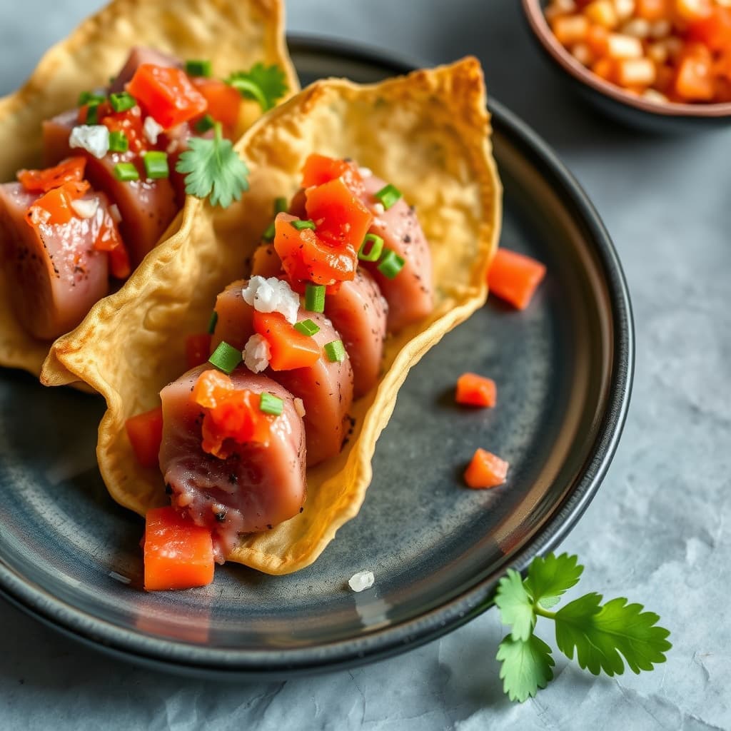 Storøyet tunfisk på wonton-kjeks med papaya- og daikon-relish