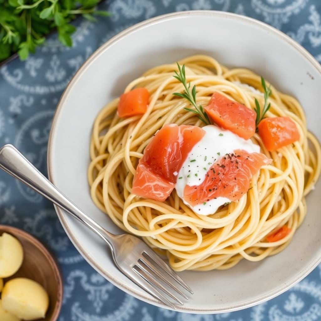 Strå- og høyepasta med krem og røkt laks