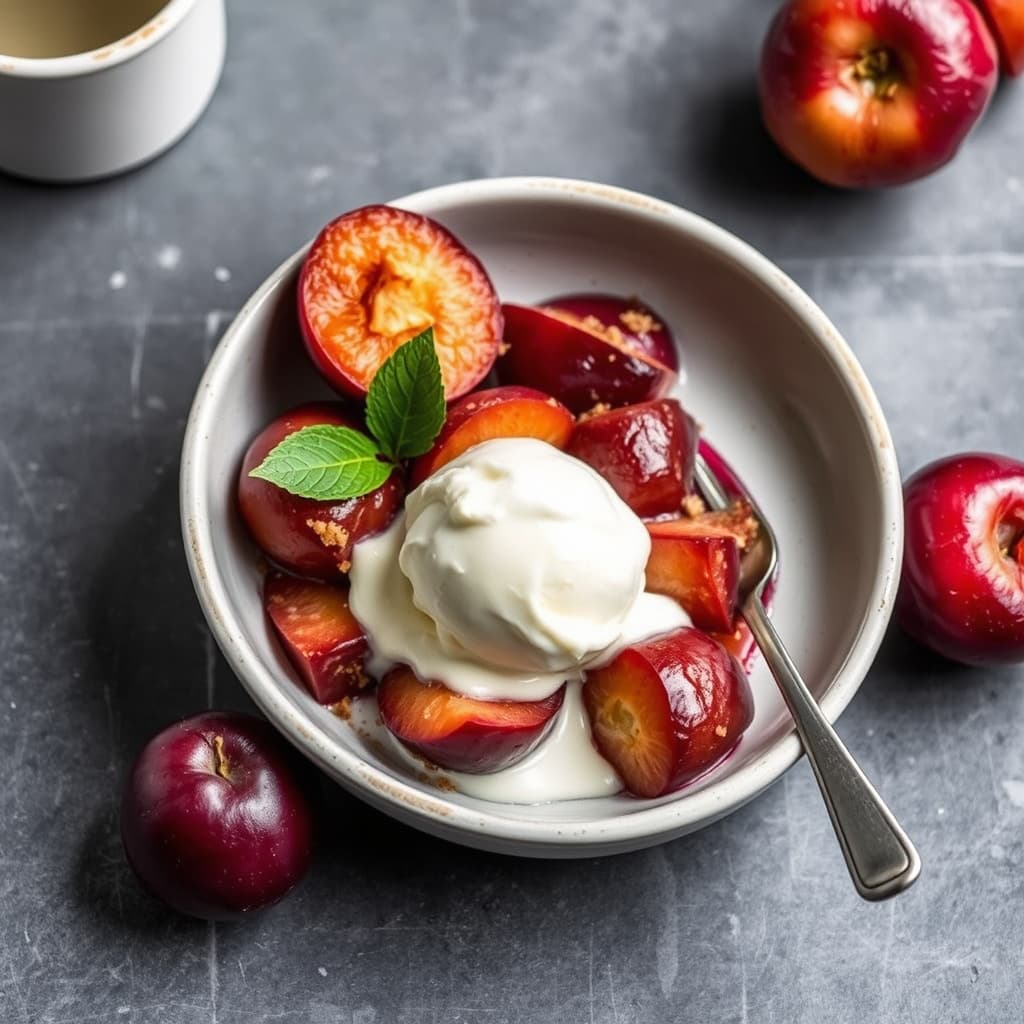 Streusel-ristede plommer med vaniljeis
