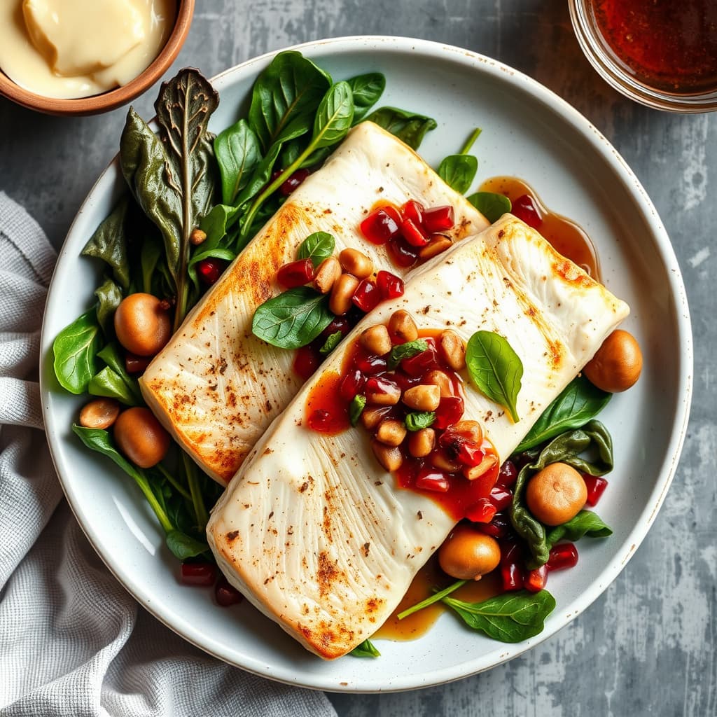 Stripet bass med sveitserkål, kastanjer og granateplesvinaigrette