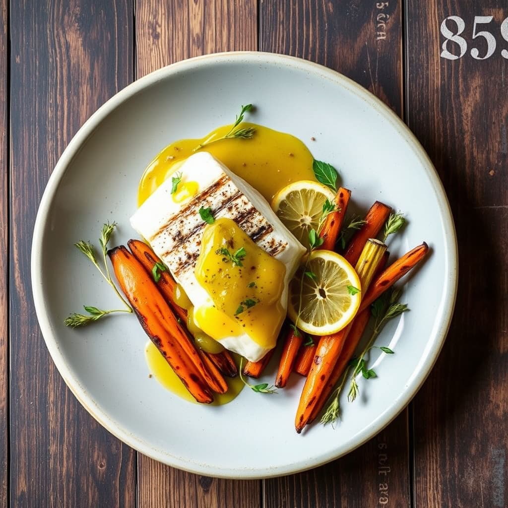 Stripet bass og syltet sitron-dressing med grillede gulrøtter