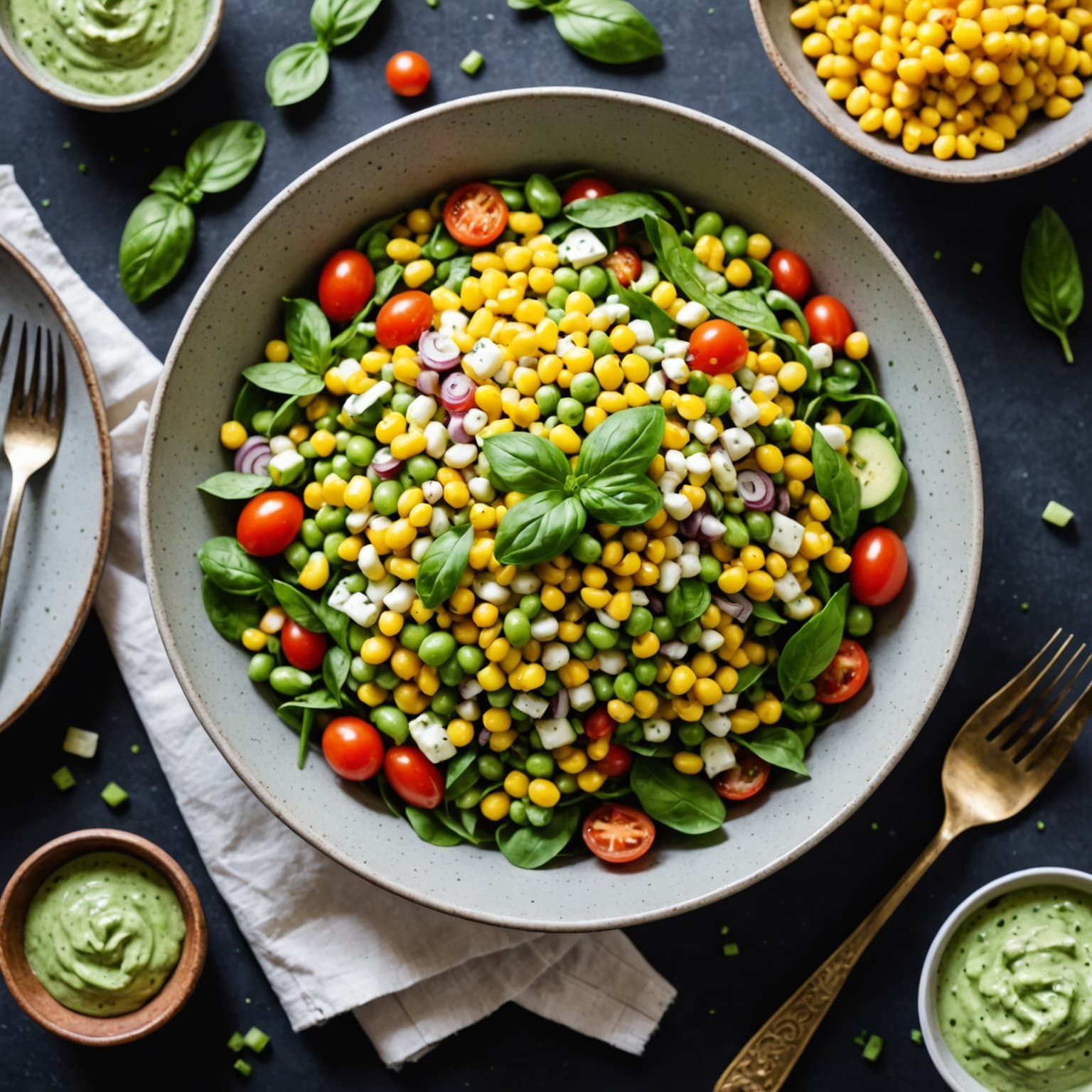 Succotashsalat med kremet basilikadressing