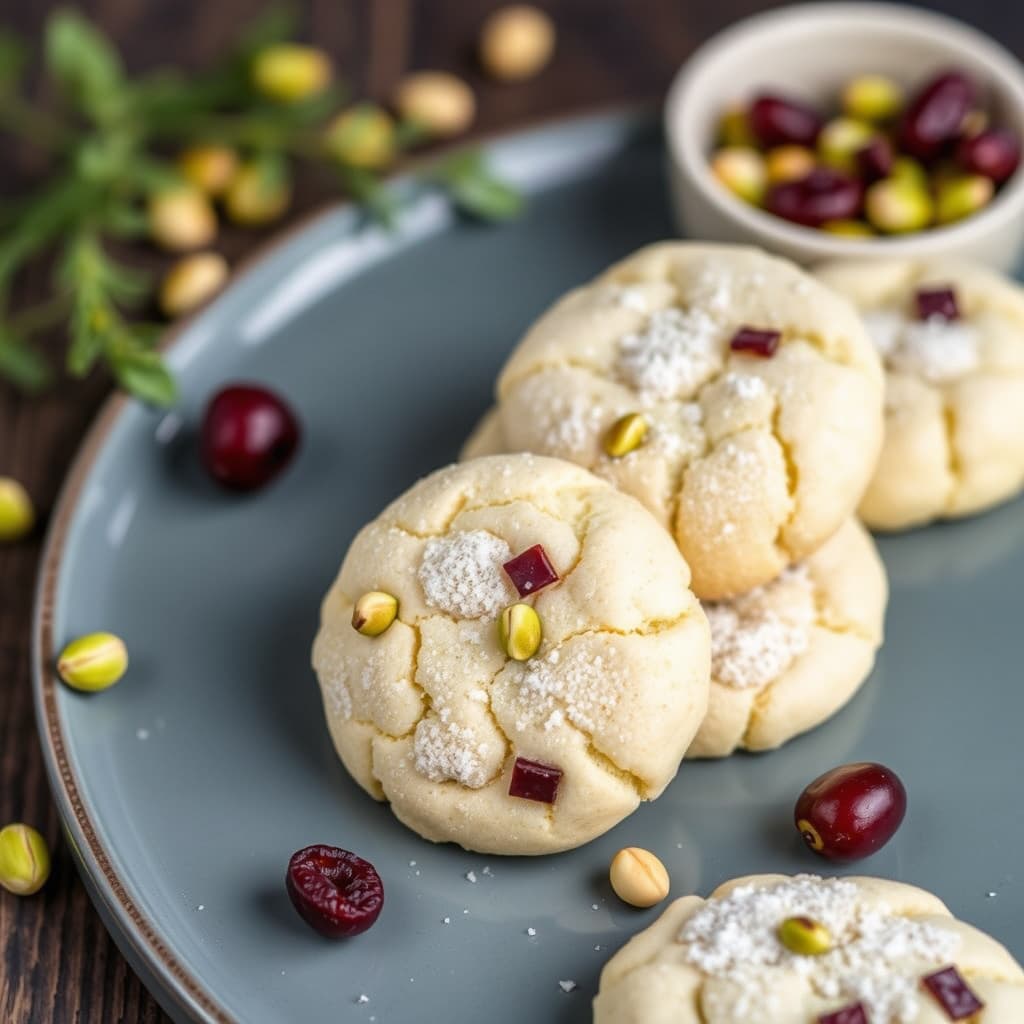 Sukkerkjeks med pistasj og tørkede kirsebær