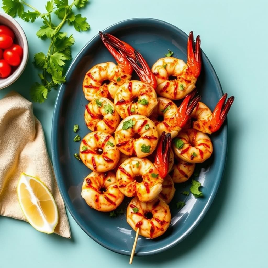 Sukkerstangspyd med reker og chili-koriander-rub