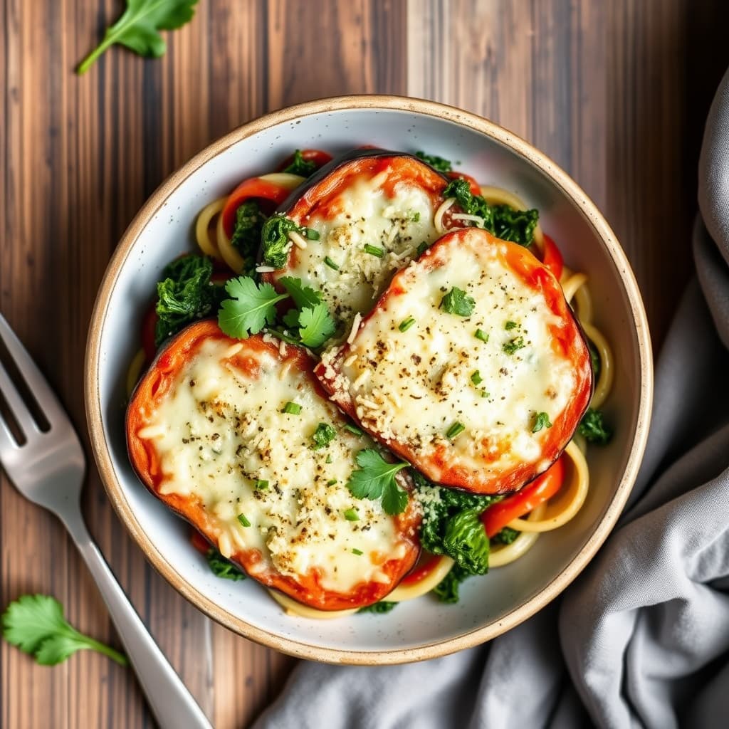 Sunn aubergine og grønnkål med parmesan