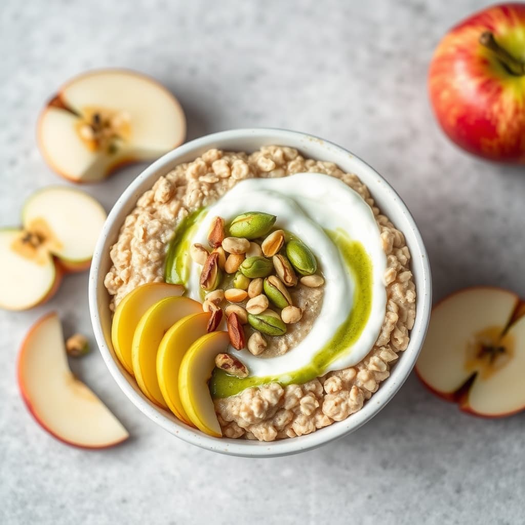 Sunn havregrøt med matcha-yogurt, pistasjnøtter og epler