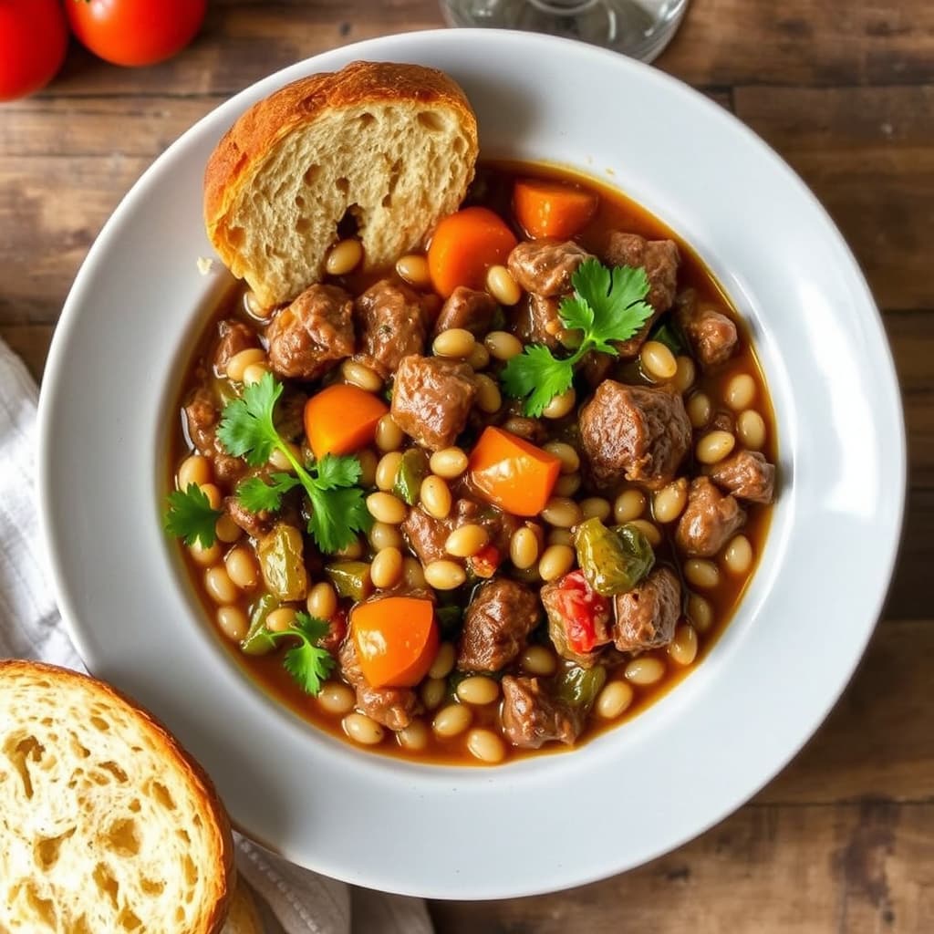 Sunnys okse- og bygggryte med sprø pepperbrød