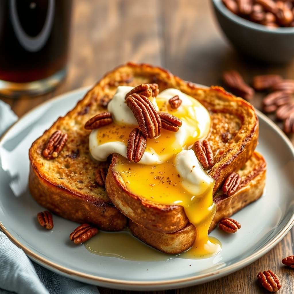 Surdeigsfransk toast med appelsinbourbon-smør og krydrede pekannøtter