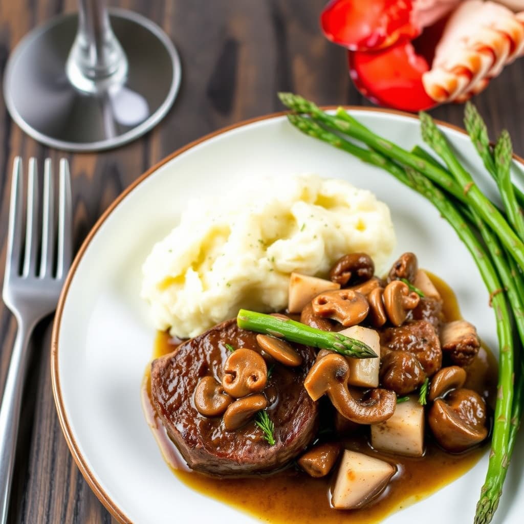 "Surf and Turf" – Biff tenderloin med sopp- og aspargusragu og hummermosede poteter