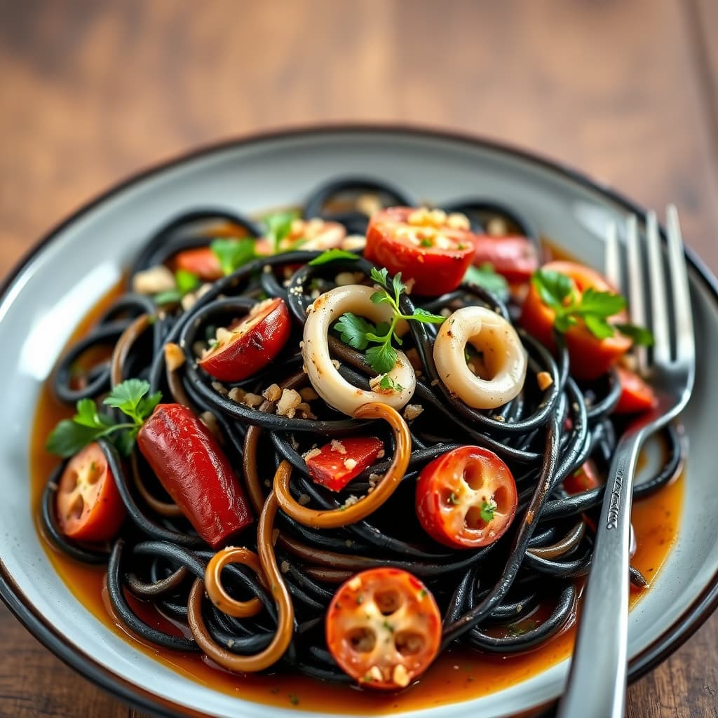 Svart linguine med blekksprut og chorizopølse