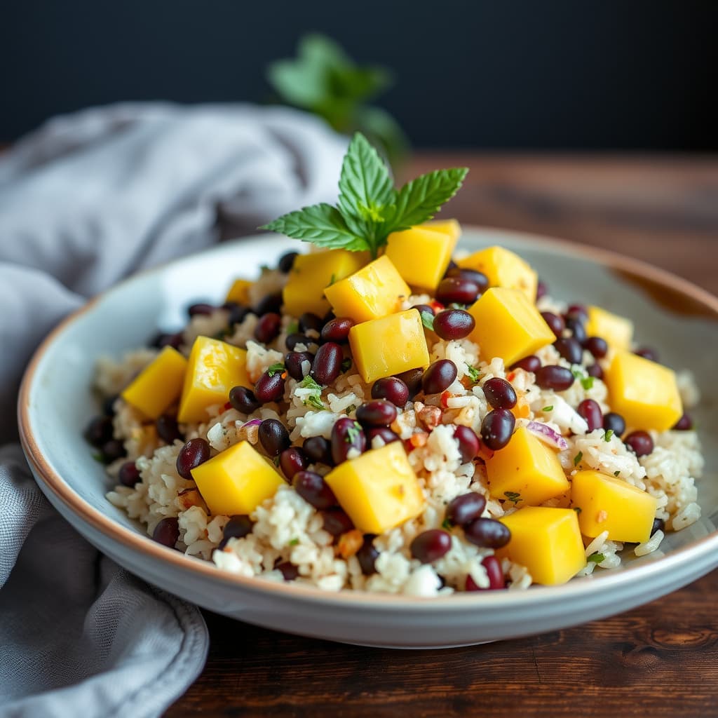 Svart løperbønnesalat med ris og mango