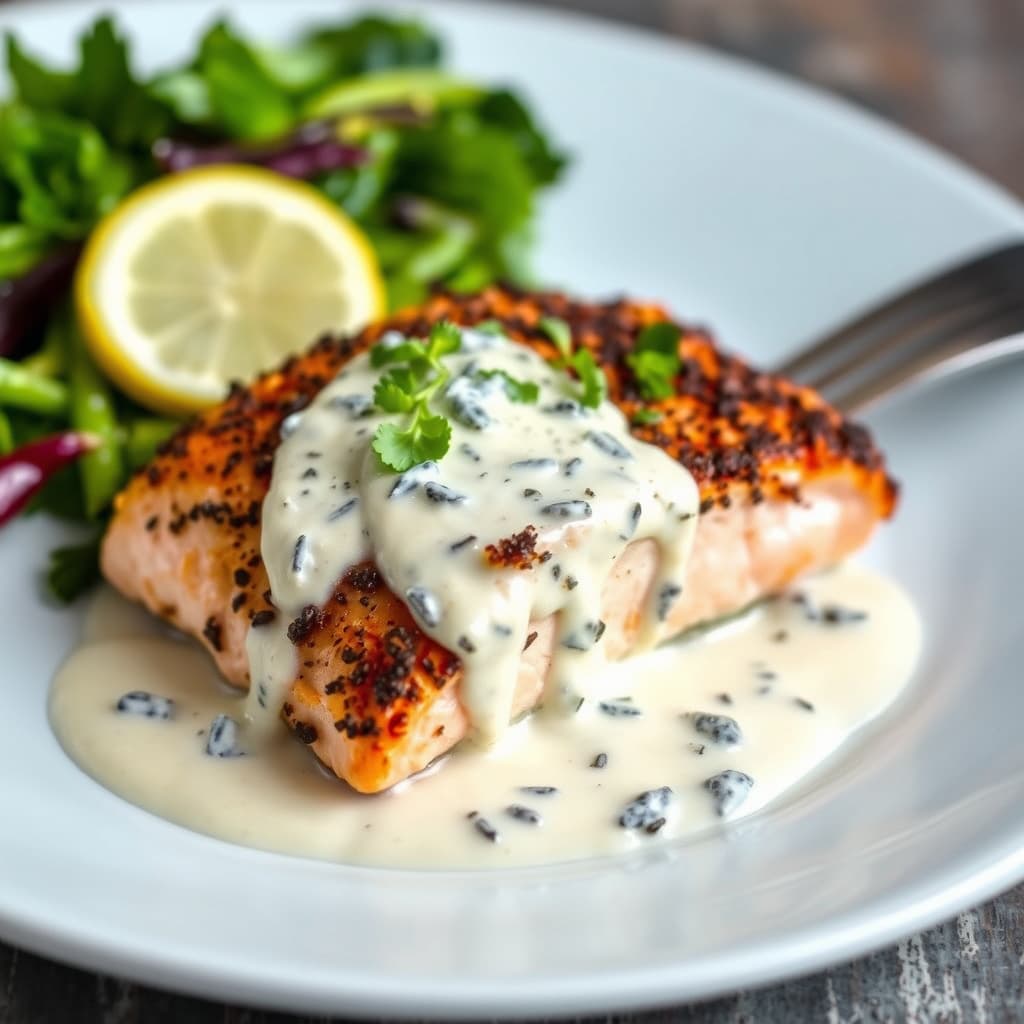 Svartnet laks med blåmuggostsaus