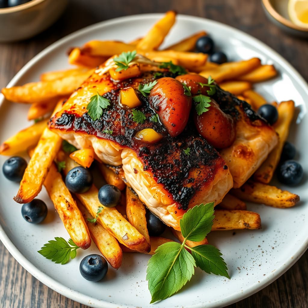 Svartprikkede medaljonger av laks over blå hjemmelagde pommes frites og blåbær- og sitrusvinaigrette
