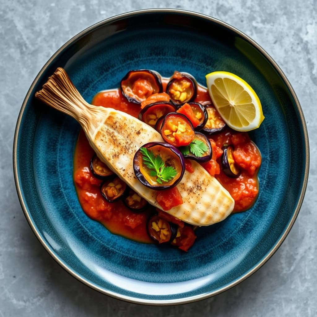 Sverdfisk med sprø auberginechips, tomat- og auberginesaus