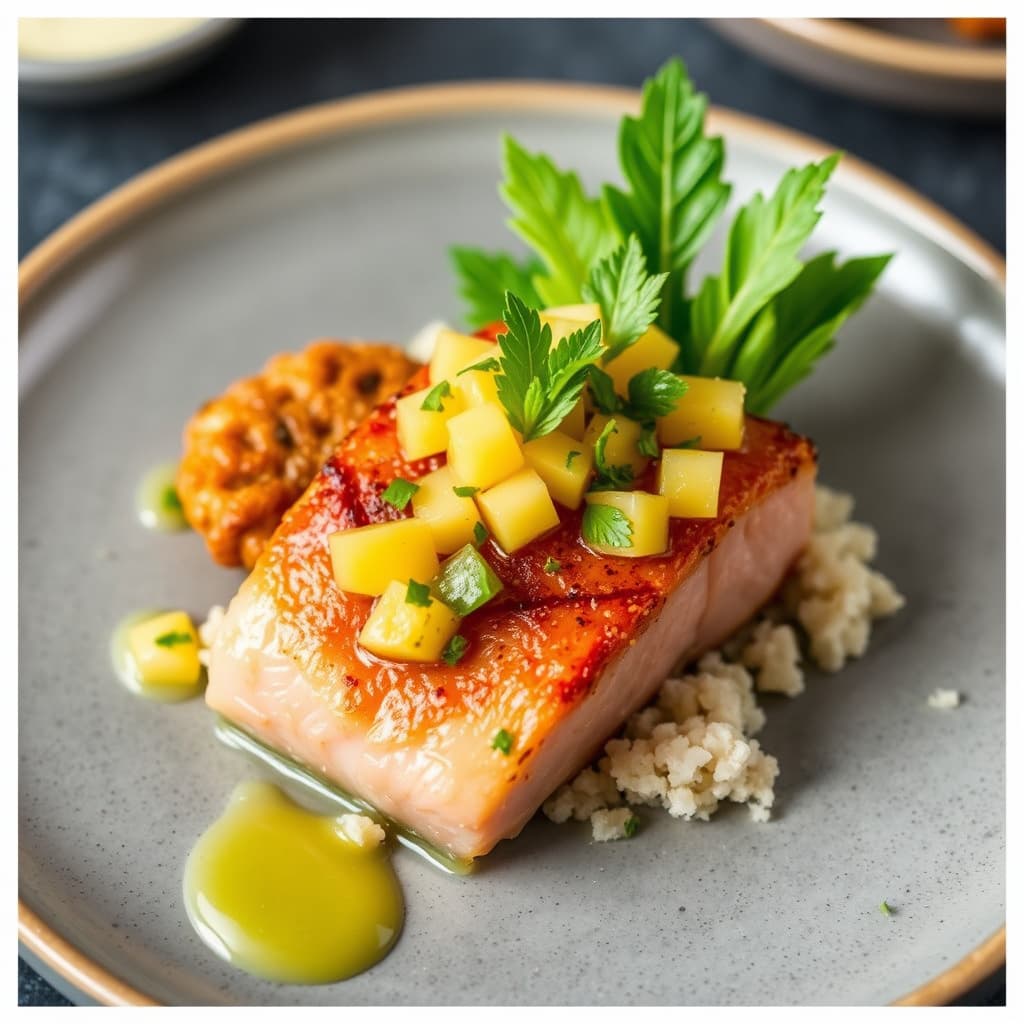 Svermet Hawaiian Ahi med ananasrelish, sprø nori-kaker, Tat Soi og wasabi-aioli