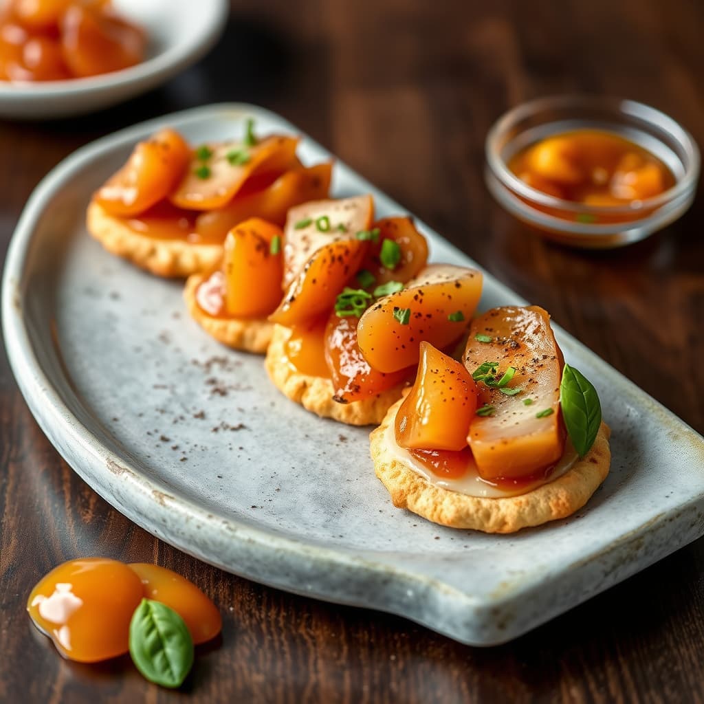 Svermet, krydret tunfisk på basilikum- og parmesanchips med aprikosmarmelade