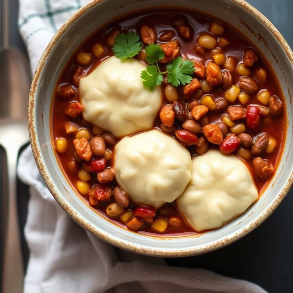 Svine- og bønnechili med maisdumplings