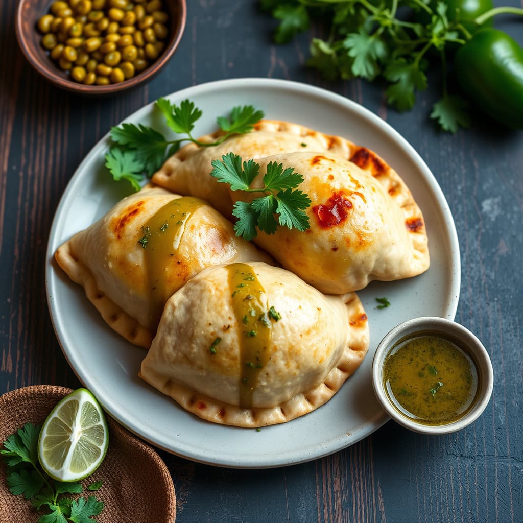 Svine- og potetempanadas med grillet tomatillosaus