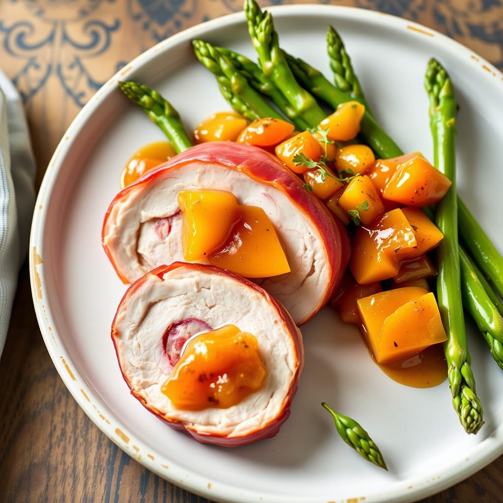 Svinefilet innpakket i prosciutto, fersk peachsalsa og asparges