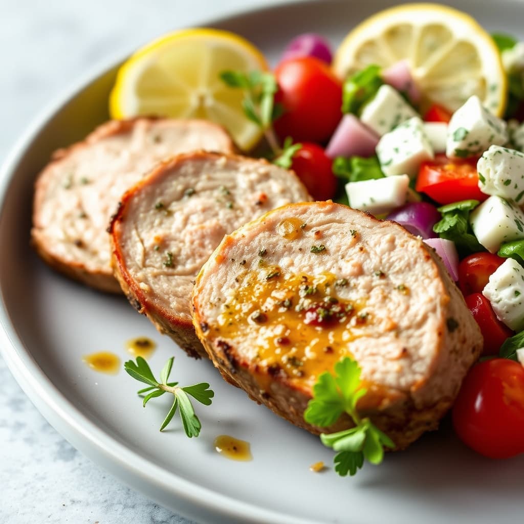 Svinefilet marinert i hvitløk, sitron og oregano, servert med gresk salat