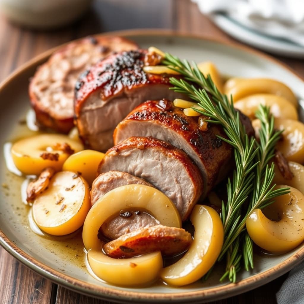 Svinefilet med ovnsbakte epler og løk