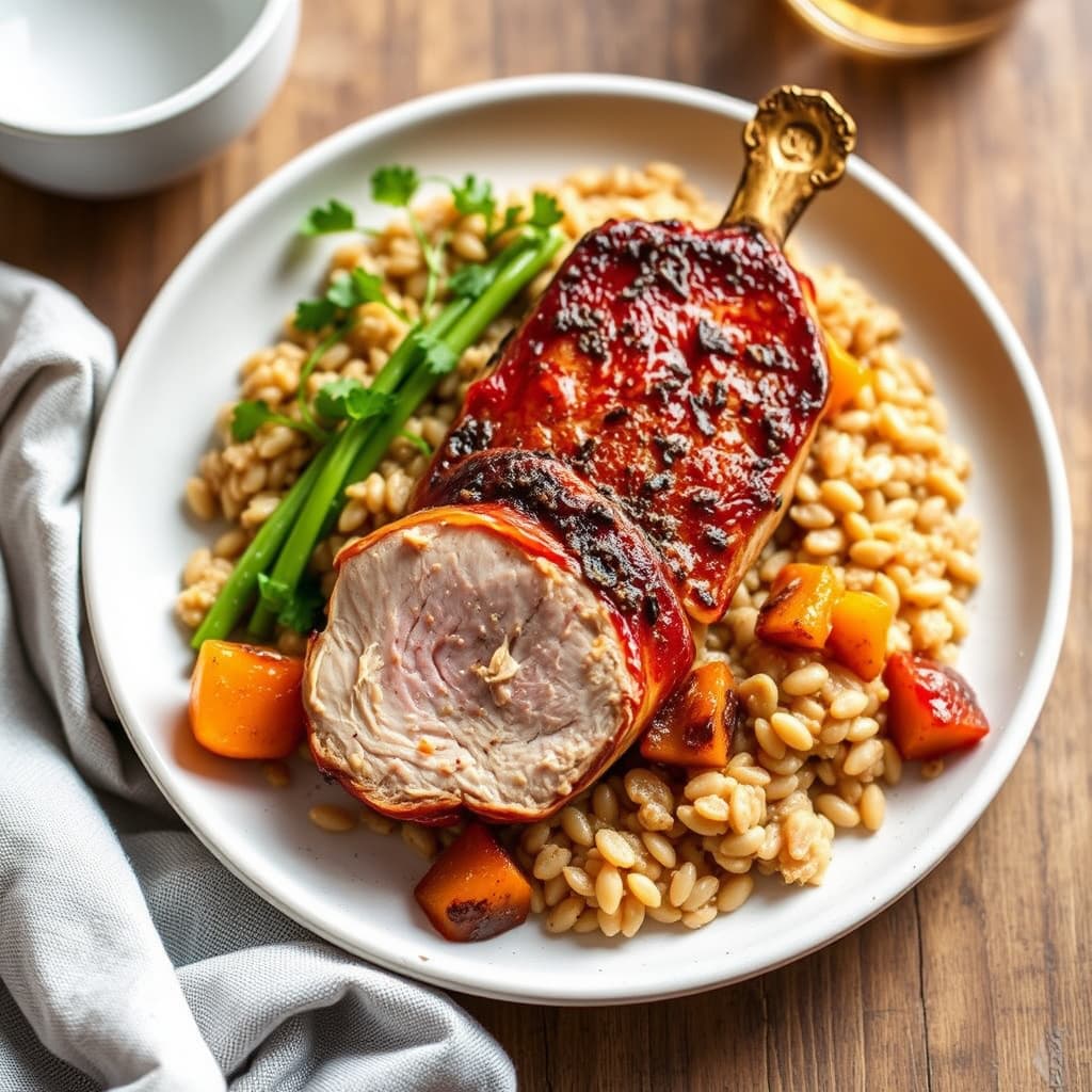 Svinefilet med sauterte persimmoner og byggrisotto