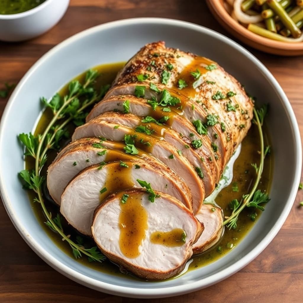 Svinefilet stekt i ovn med urter, servert med persille- og sjalottløkssaus