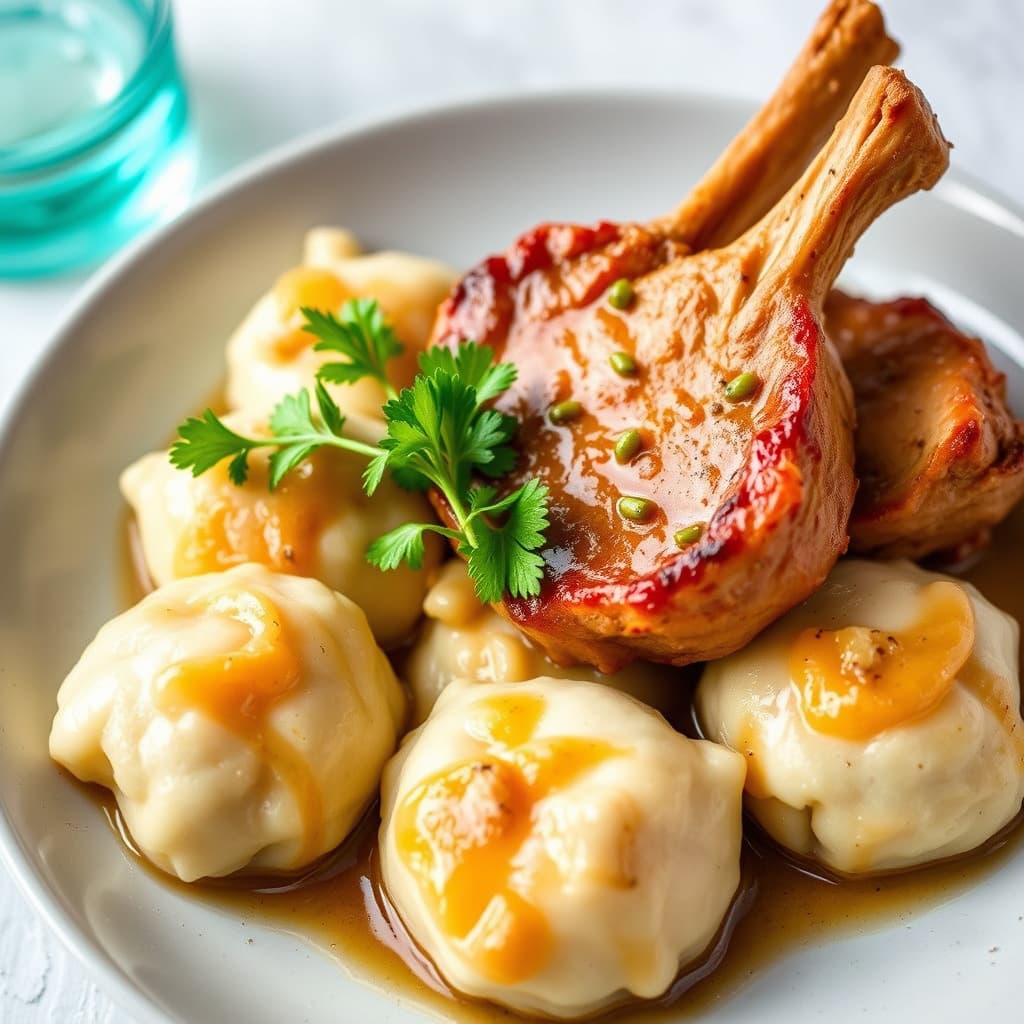 Svinekam med appelsin- og ingefærsmak, servert med dumplings