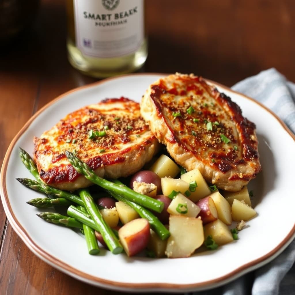 Svinekjaker med sennepskrust og asparges- og potetsalat