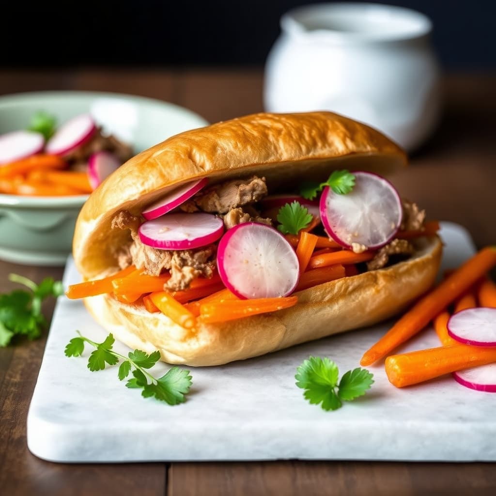 Svinekjøtt Banh Mi med hurtigsyltede reddiker og gulrøtter