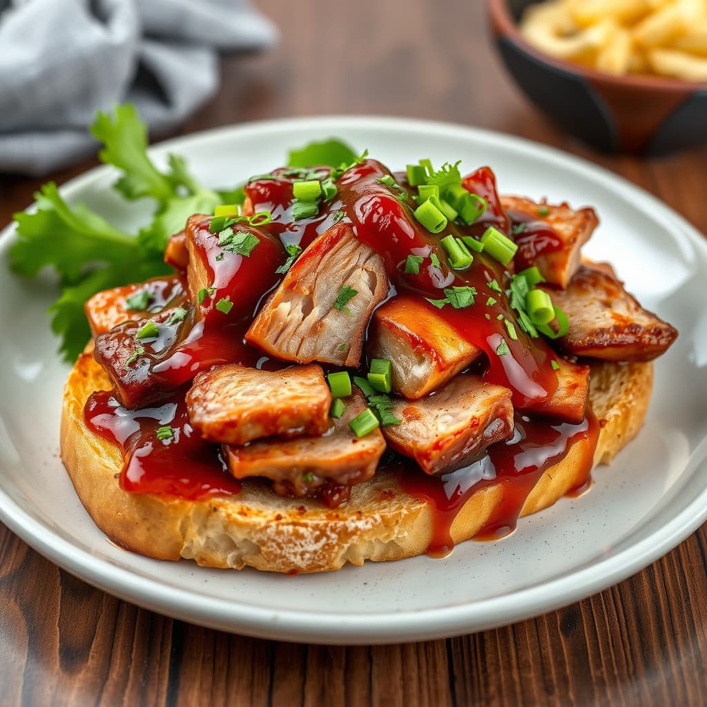 Svinekjøtt med andesaus på hvitløksbrød