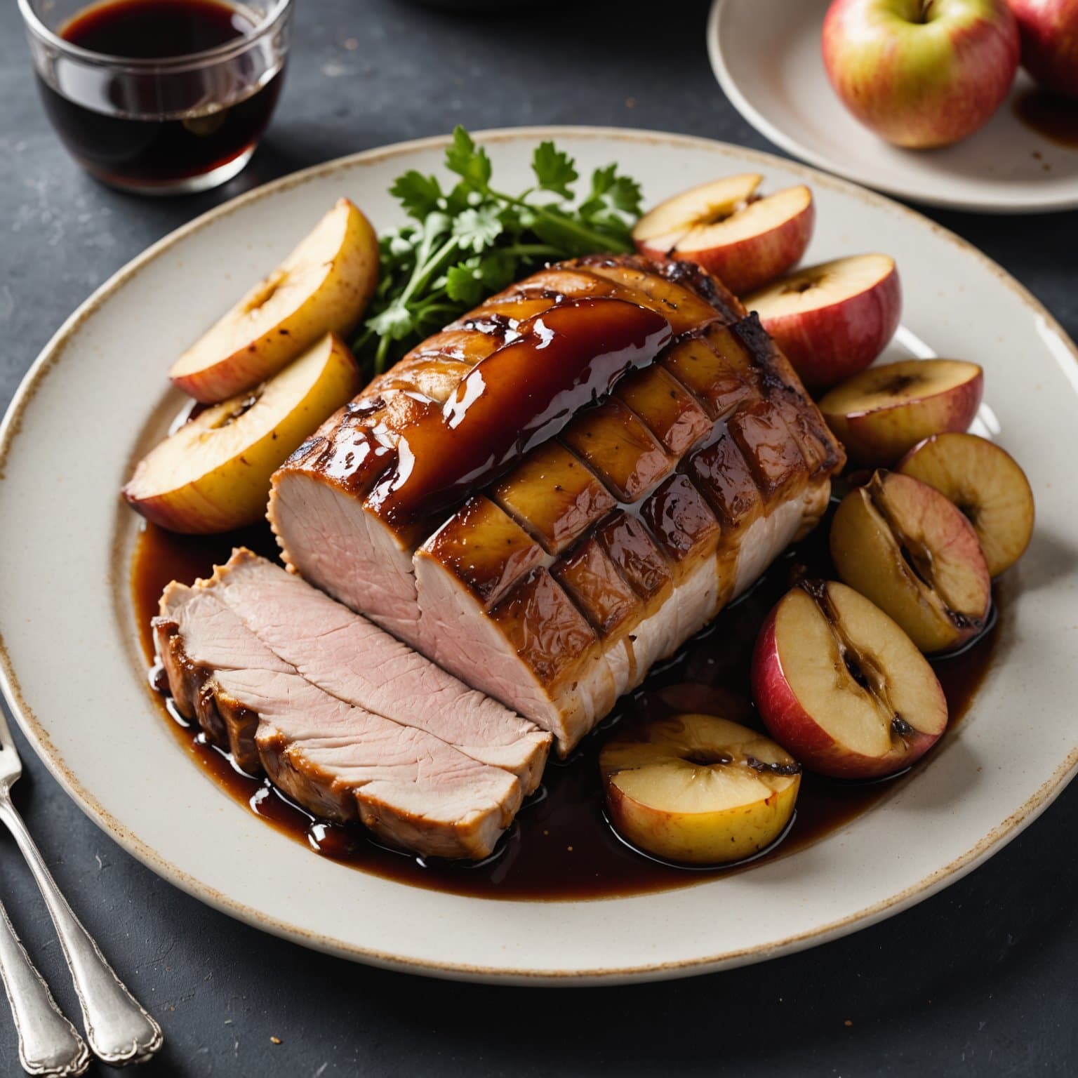 Svinekjøtt med portvinssaus og epler glasert med chipotle